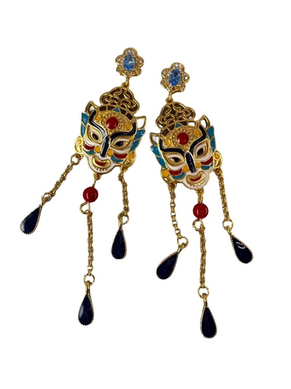 18K Gold Plated Peking Opera Mask Enamel Drop Earrings Peking Opera Dangle 9.48g